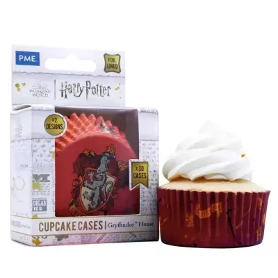Pacote de forminhas para cupcake vermelho e dourado com tema Harry Potter Gryffindor e cupcake com cobertura branca