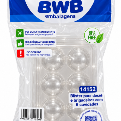 Embalagem transparente de blister para doces e brigadeiros da marca BWB com 6 cavidades