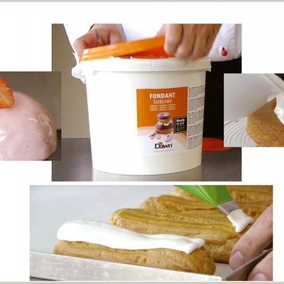 Balde de fondant, bolo rosa com morango e bolo a ser decorado com glacê branco