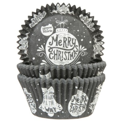 Forminhas para cupcakes pretas com decoração natalícia branca e texto Merry Christmas