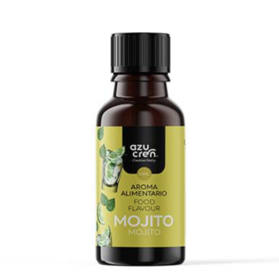 Garrafa com aroma alimentar sabor Mojito e rótulo amarelo e verde.