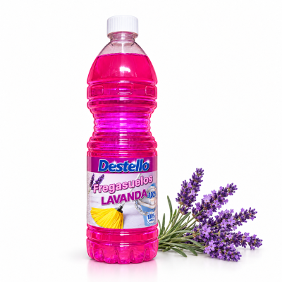 Frasco plástico com detergente rosa Destello Fregasuelos Lavanda e ramo de lavanda