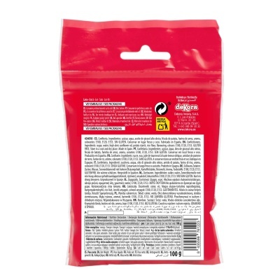 Embalagem vermelha de plástico com texto detalhado e código de barras