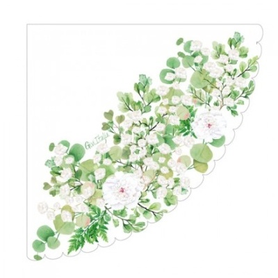 Guardanapo branco com padrão floral em verde e branco com bordas onduladas