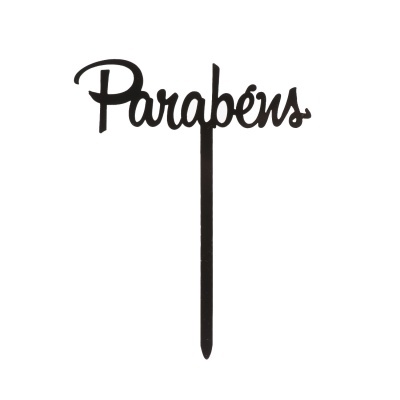 Apontador de bolo preto com a palavra Parabéns em letra cursiva