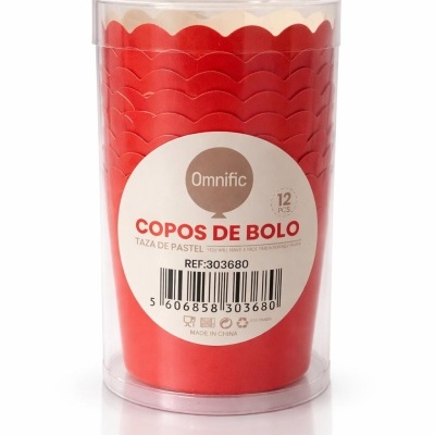 Pacote transparente com 12 copos de bolo de papel vermelhos