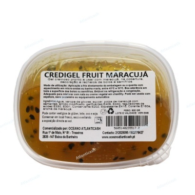 Frasco plástico com gel de maracujá e rótulo branco com texto em português