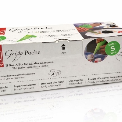 Caixa branca com 100 sacos Gripy Poche tamanho S para confeitaria