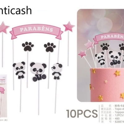 Toppers para bolo com pandas, patas, estrelas rosa e faixa 