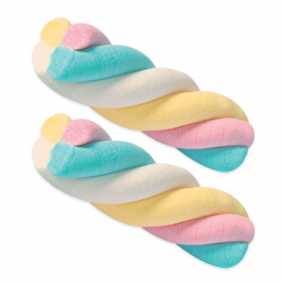 Dois marshmallows torcidos coloridos em fundo branco