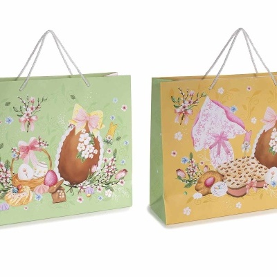 duas sacolas de papel coloridas com temas de Páscoa e alças de corda