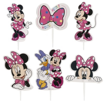 Toppers de bolo decorativos com personagens Minnie Mouse e Donald Duck.