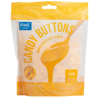 Pacote amarelo e branco de botões de doce amarelos com texto impresso