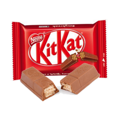 Barra de chocolate Kit Kat com embalagem vermelha e pedaços de chocolate com wafer