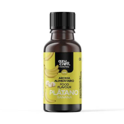 Frasco de aroma alimentar sabor banana com rótulo amarelo e tampa preta