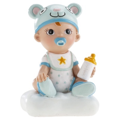 Figura decorativa de bebé com boné azul e biberão