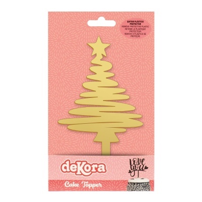 Cake topper árvore de Natal dourada em plástico com embalagem rosa da marca deKora