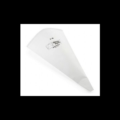 Saco de pasteleiro branco em forma de cone com texto impresso