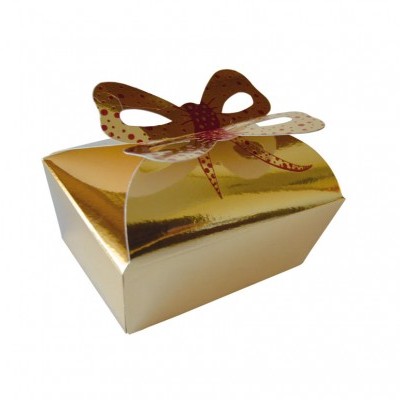 Caixa dourada brilhante com laço decorativo de papel com pontos