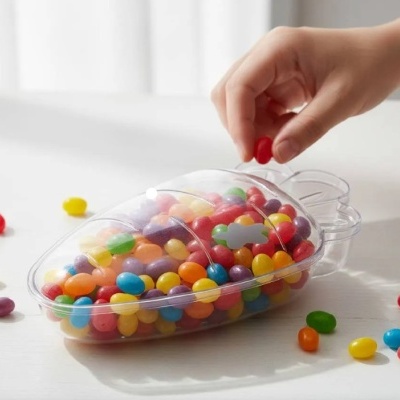 Pote transparente em forma de cenoura com rebuçados coloridos e uma mão a pegar um rebuçado