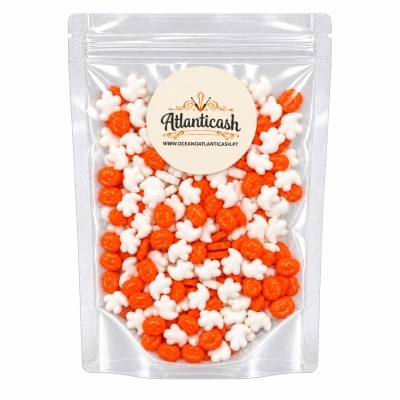 Embalagem transparente de doces laranja e branco com etiqueta Atlanticash