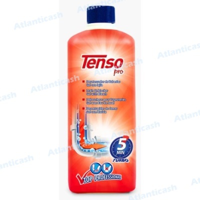 Frasco vermelho do produto Tenso Pro com tampa azul e texto promocional