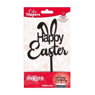 Cake topper preto 'Happy Easter' com orelhas de coelho em embalagem vermelha e branca