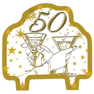 Símbolo festivo dourado com mãos a brindar e número 50