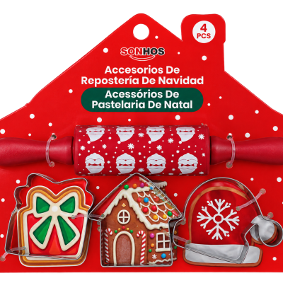 Acessórios de pastelaria de Natal com rolo de massa e cortadores temáticos em embalagem vermelha.