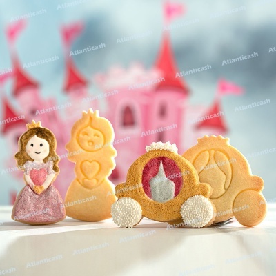 Biscoitos decorativos de princesa e carruagem com castelo rosa ao fundo