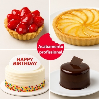 Quatro sobremesas variadas com texto 'Acabamento profissional' ao centro