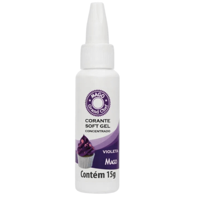 Frasco branco de corante soft gel concentrado violeta da marca Mago com imagem de cupcake