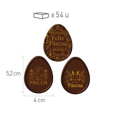 Três chocolates em forma de ovo de Páscoa com desenhos e texto dourados