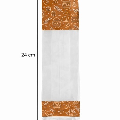Saco plástico transparente com estampados de Páscoa em laranja nas extremidades