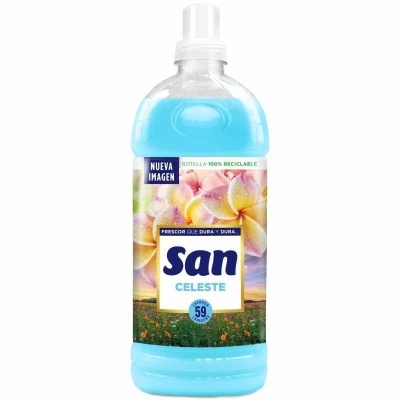 Garrafa de detergente azul com rótulo floral e texto em espanhol