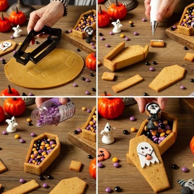 Montagem de caixões com biscoito decorados para Halloween com confeitos e glacê em mesa de madeira.