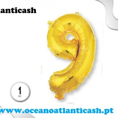 Balaão metálico dourado número 9 em embalagem branca com texto e site.