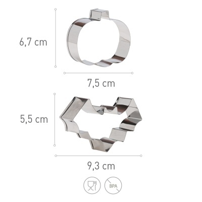 Dois cortadores de bolachas em metal com forma de abóbora e folha e medidas indicadas.