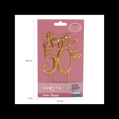 Cake topper dourado com texto Happy 50th em embalagem rosa da marca dekora