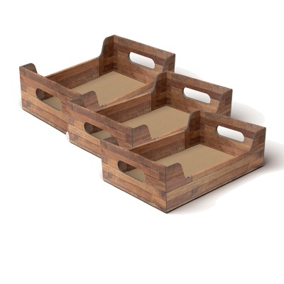 Conjunto de três tabuleiros quadrados de madeira castanha com pegas retangulares