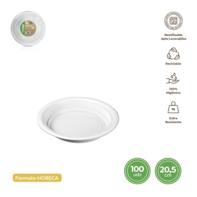 Prato branco descartável de plástico com embalagem e informações de uso