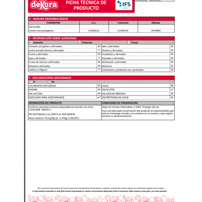 Ficha técnica de produto da deKora com informações sobre alergénios e microbiologia.