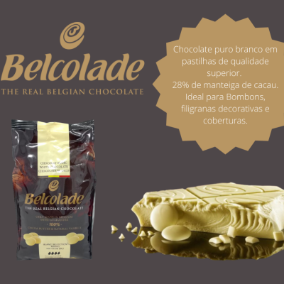 Embalagem de chocolate Belcolade preta com pedaço de chocolate branco detalhado e texto promocional em português.