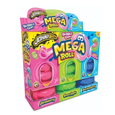 Embalagem de doces Johny Bee's Mesa Roll com três rolos de bubble gum coloridos em rosa, verde e azul