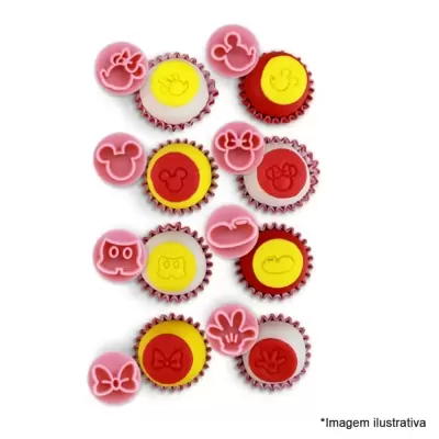 Carimbos de silicone rosa para bolos com formas da Disney e bases coloridas