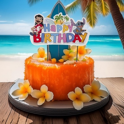 Bolo decorado laranja com topper de surf HAPPY BIRTHDAY em praia tropical