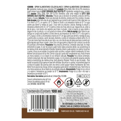Etiqueta de spray alimentar branco com informações detalhadas em fundo branco e texto preto e castanho