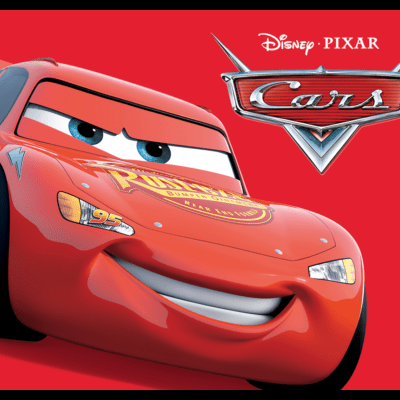 Personagem relâmpago McQueen de Cars da Disney Pixar num fundo vermelho com logotipo Cars