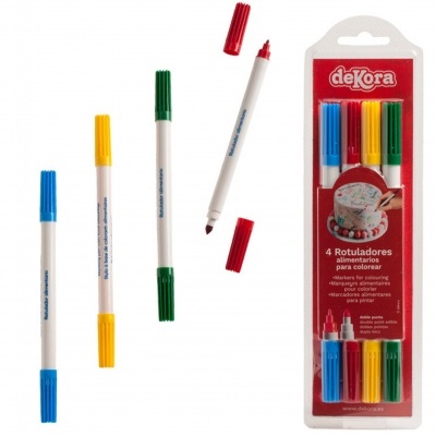 Rotuladores alimentares Dekora de várias cores em embalagem