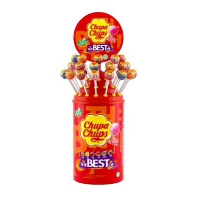 Embalagem vermelha cilíndrica com pirulitos Chupa Chups coloridos